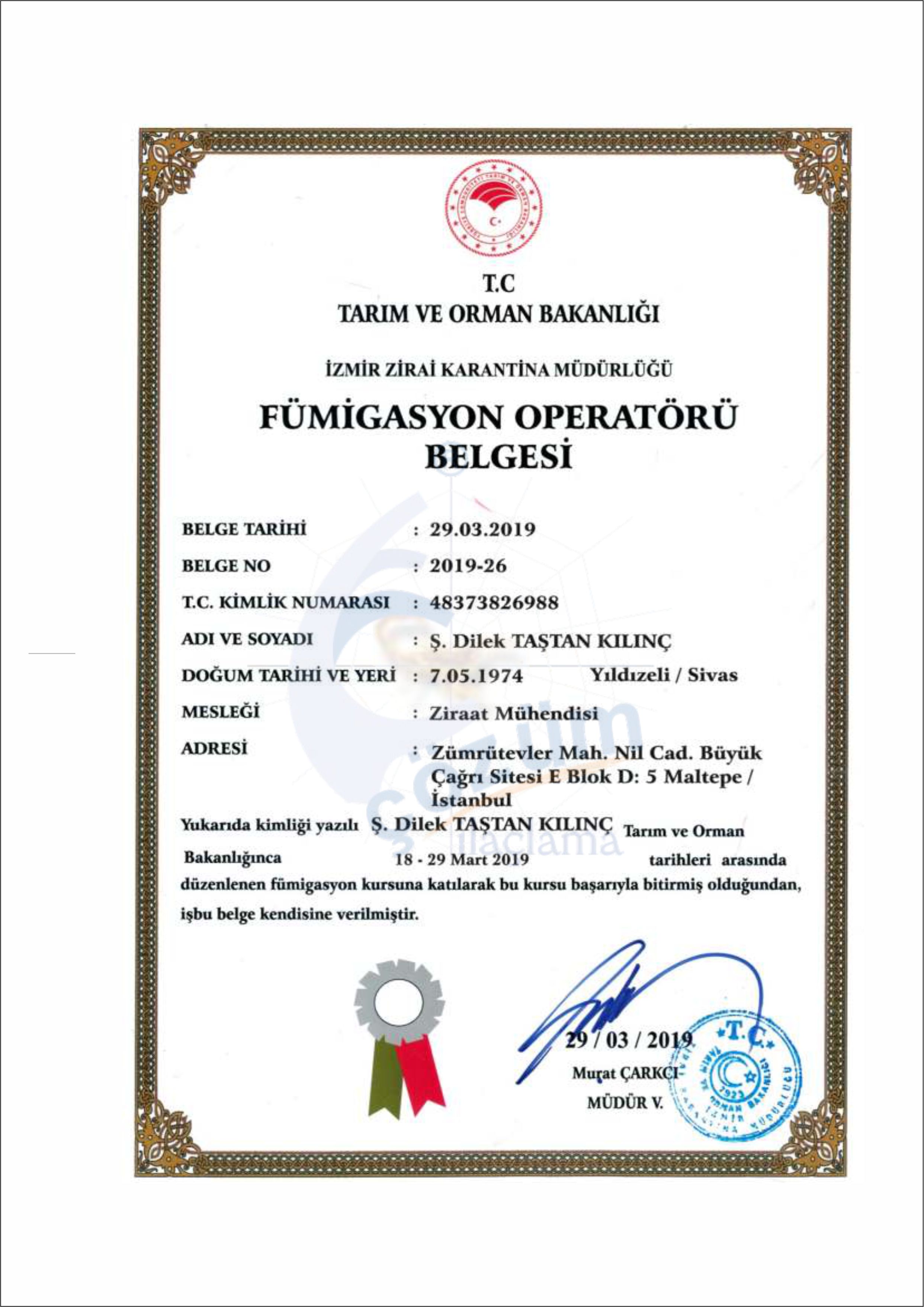 Fümigasyon Operatörü Belgesi