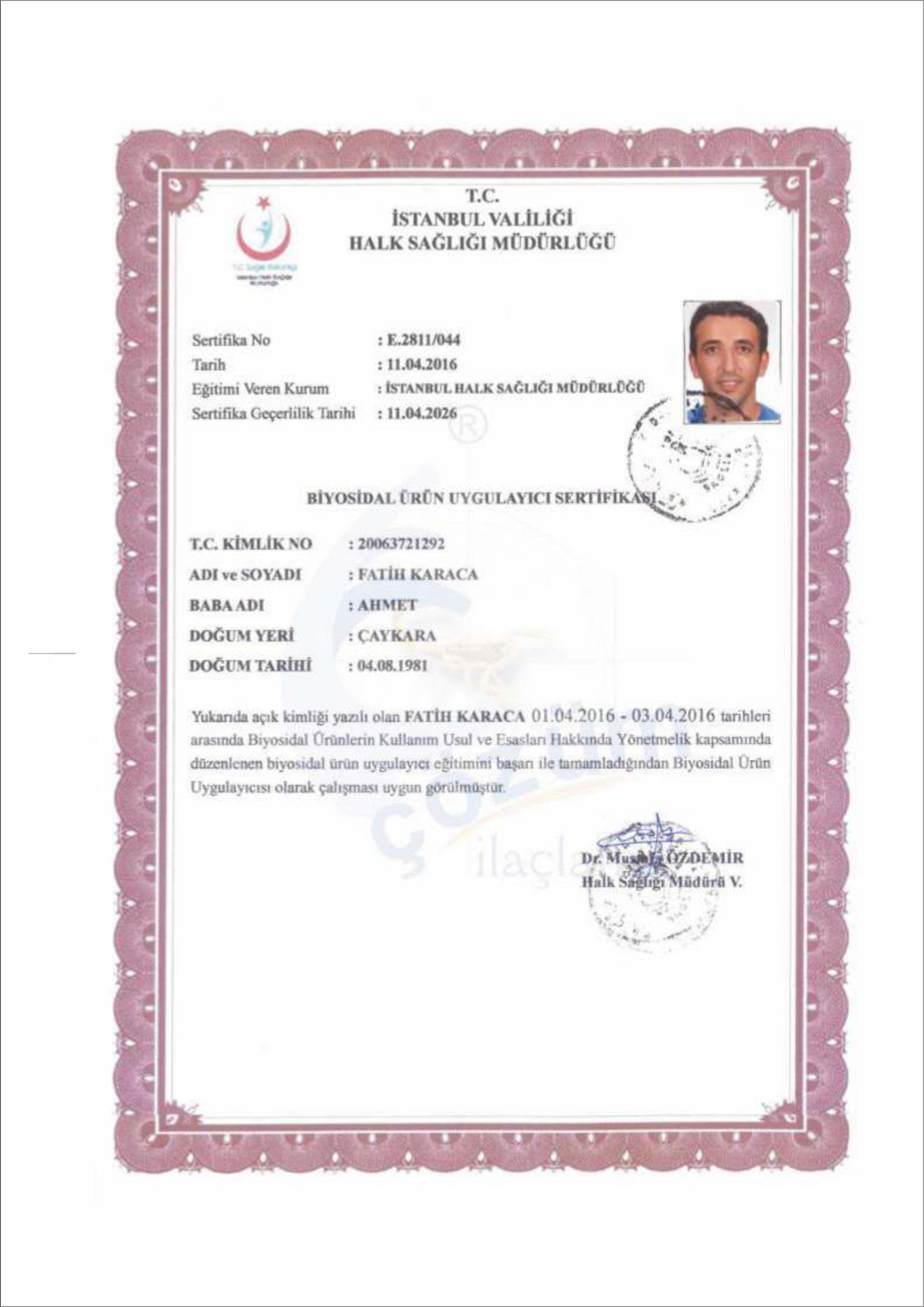 Biyosidal Ürün Uygulayıcı Belgesi