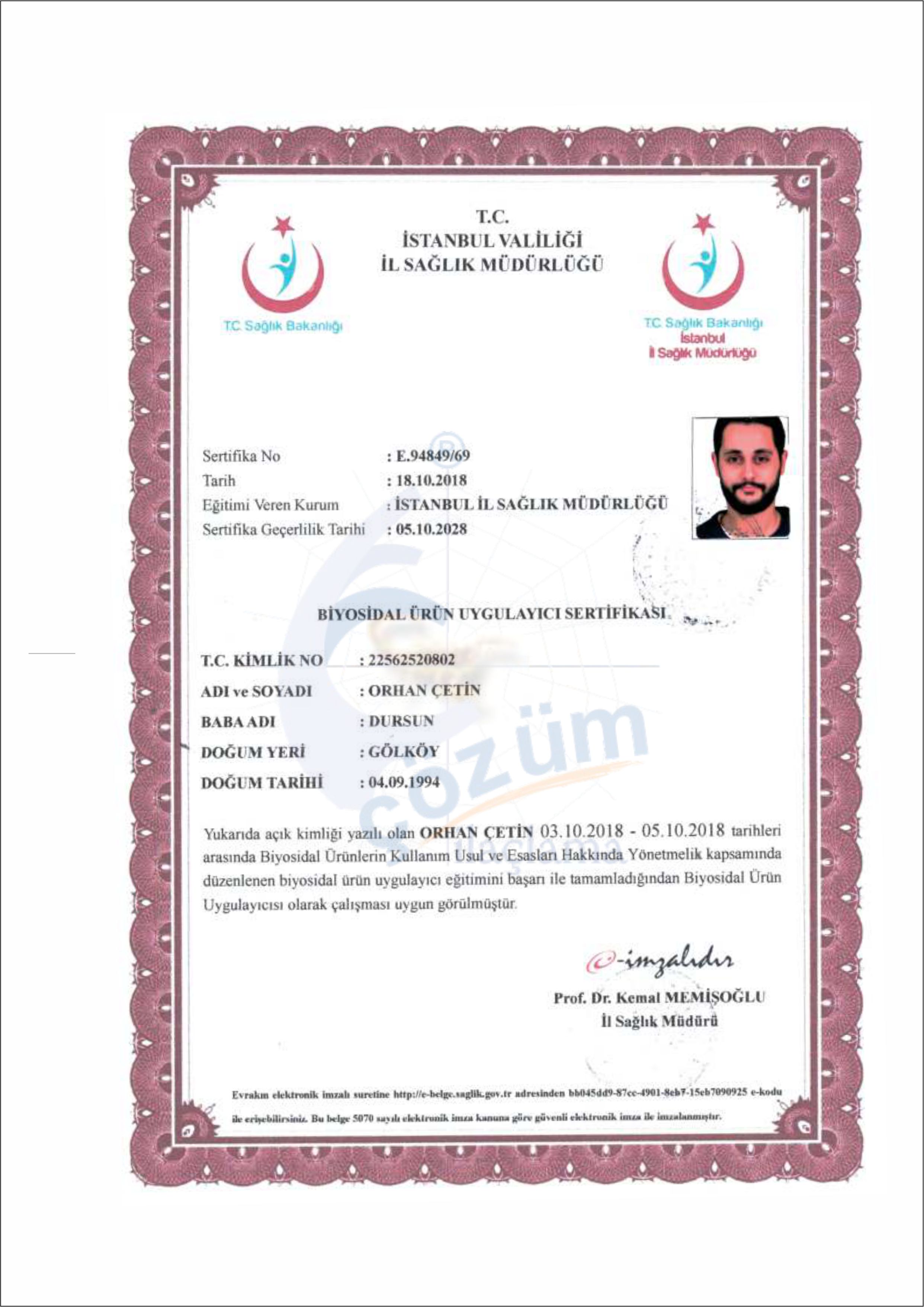 Biyosidal Ürün Uygulayıcı Belgesi